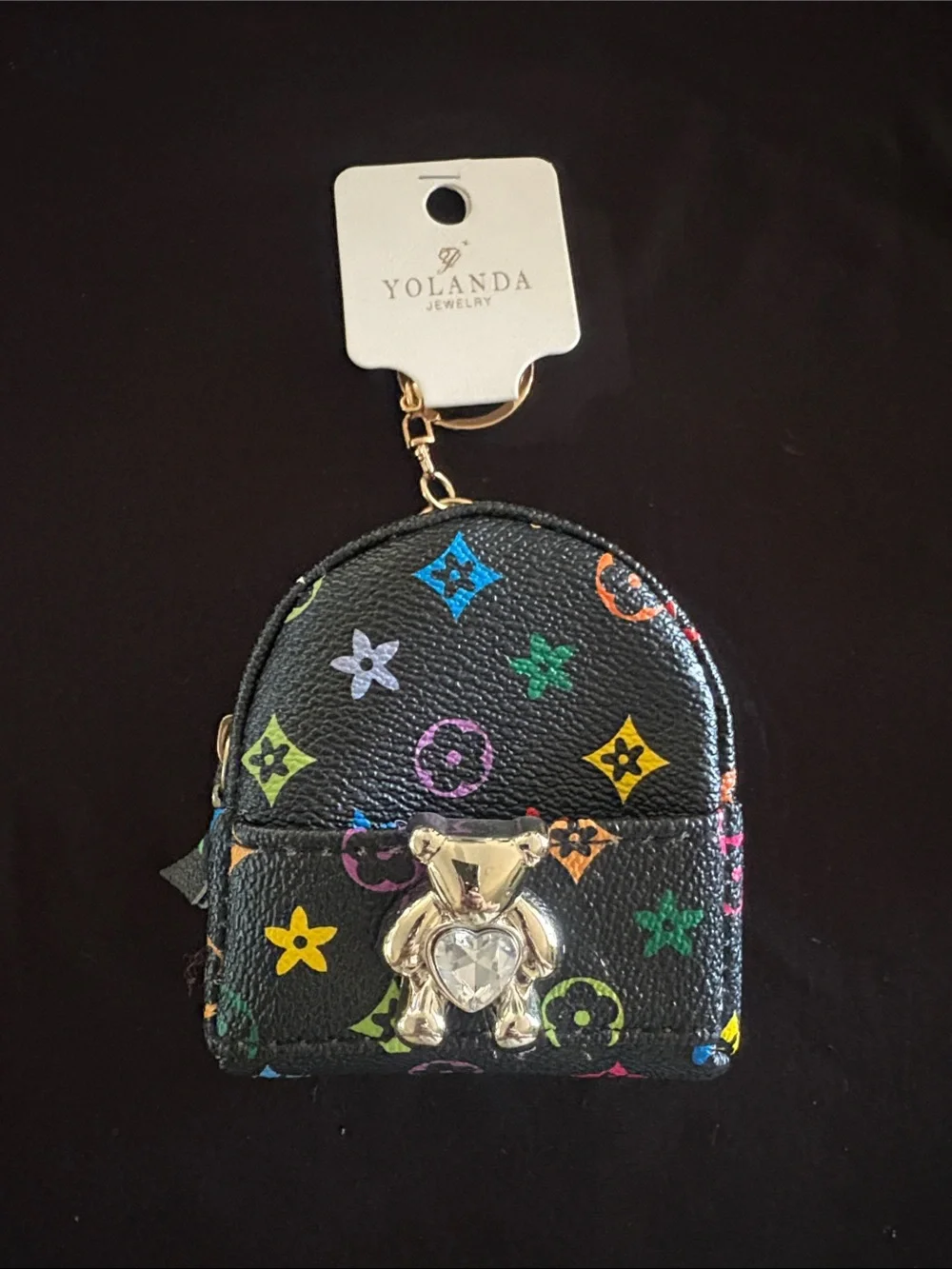 Cute Fashion Black Multicolor Backpack Keychain Bag Charm with Mini Bear